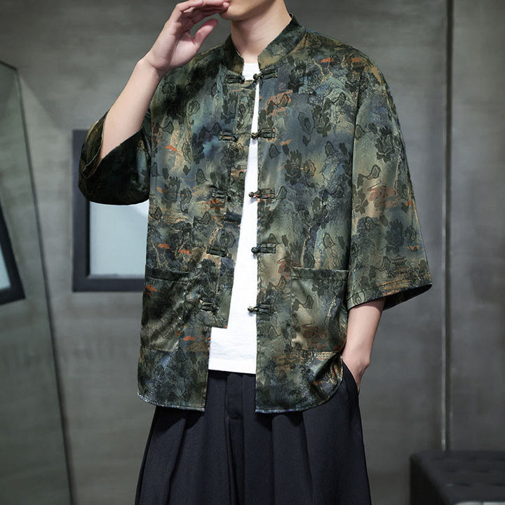 Buddha Stones Chemise homme à manches trois-quarts, manches 3/4, motif grenouille printanière et dragon, avec poches - Vert olive - US/UK/AU44，EU54 (5XL) - image 49