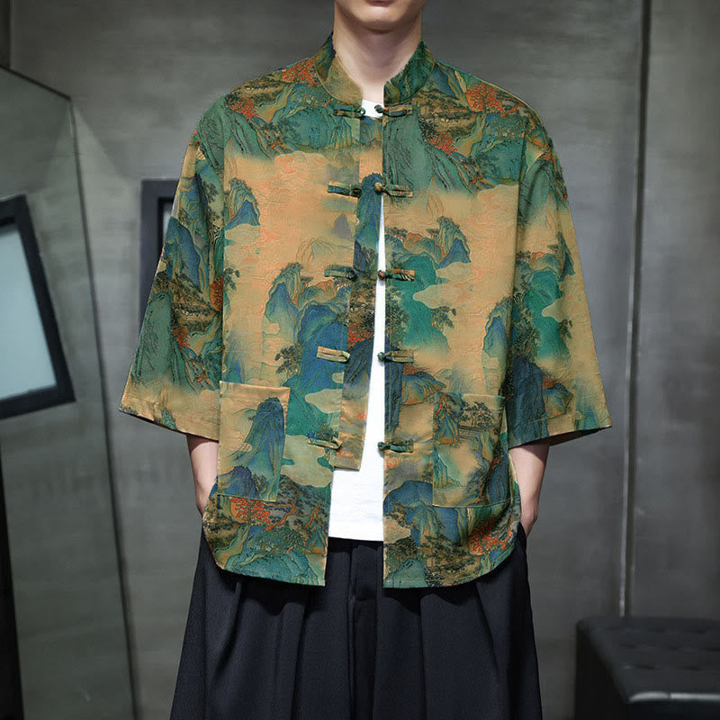 Chemise homme à manches trois-quarts, manches 3/4, avec poches, motif grenouille printanière, dragon et fleur de montagne, ornée de Buddha Stones et de boutons. - JauneVert - US/UK/AU44，EU54 (5XL) - image 38