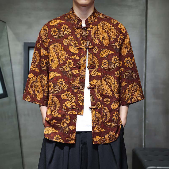 Chemise homme à manches trois-quarts, manches 3/4, avec poches, motif grenouille printanière, dragon et fleur de montagne, ornée de Buddha Stones et de boutons. - Pérou - US/UK/AU44，EU54 (5XL) - image 0