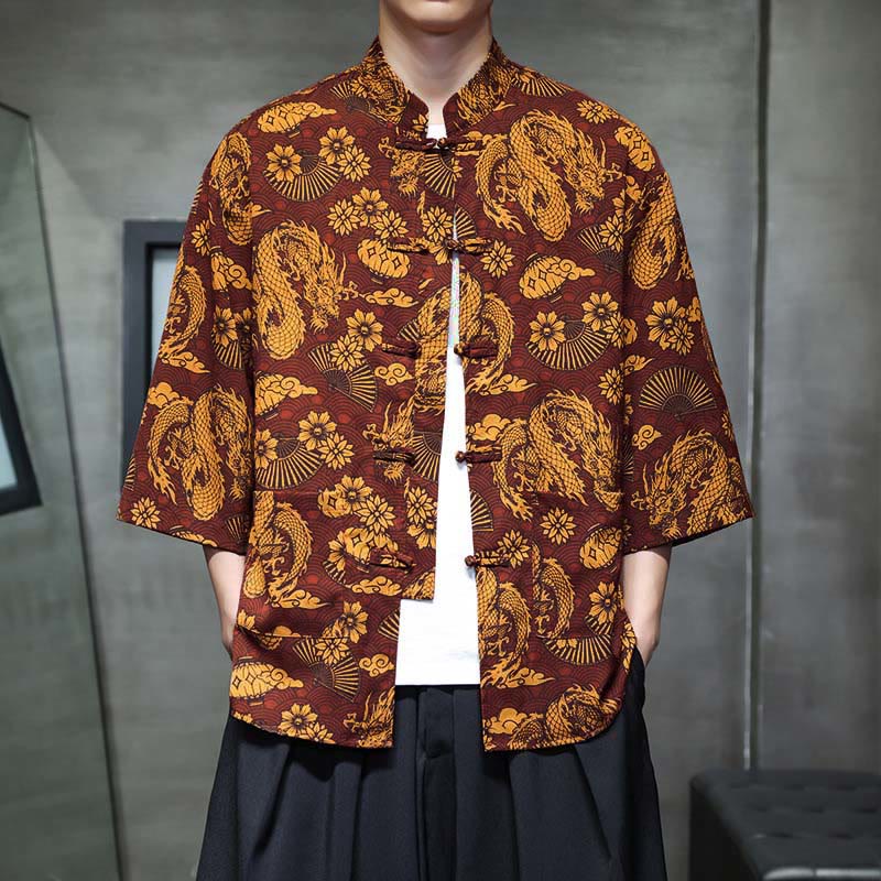 Chemise homme à manches trois-quarts, manches 3/4, avec poches, motif grenouille printanière, dragon et fleur de montagne, ornée de Buddha Stones et de boutons. - Pérou - US/UK/AU44，EU54 (5XL) - image 0