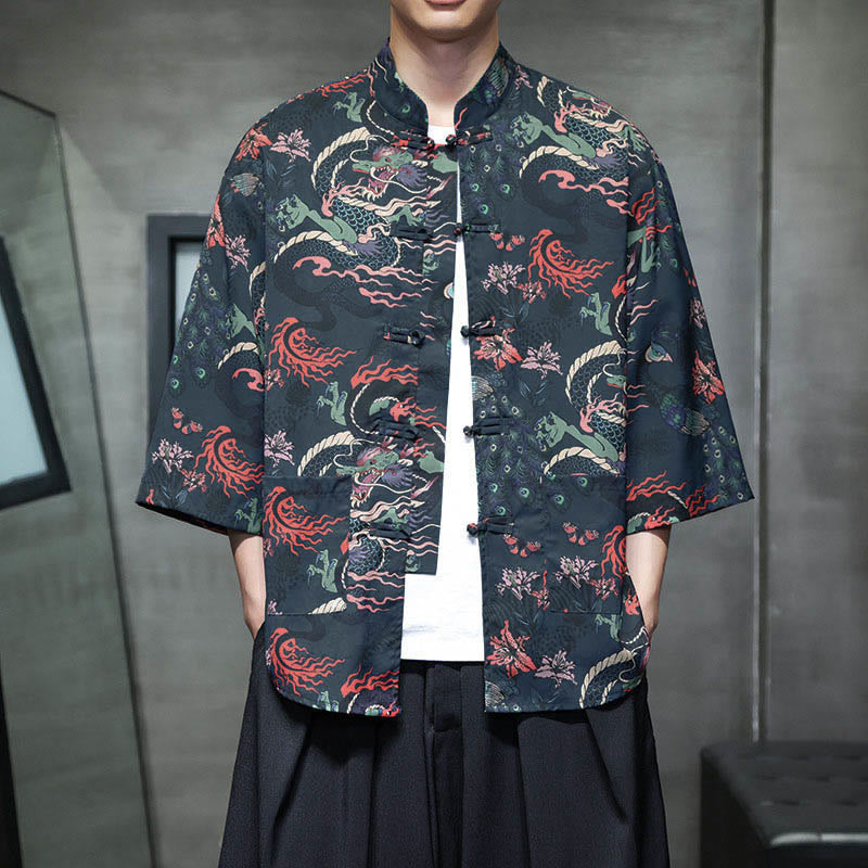 Chemise homme à manches trois-quarts, manches 3/4, avec poches, motif grenouille printanière, dragon et fleur de montagne, ornée de Buddha Stones et de boutons. - Bleu nuit - US/UK/AU44，EU54 (5XL) - image 19