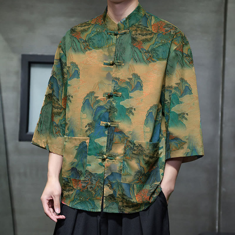 Buddha Stones Chemise homme à manches trois-quarts, manches 3/4, motif grenouille printanière et dragon, avec poches - image 39