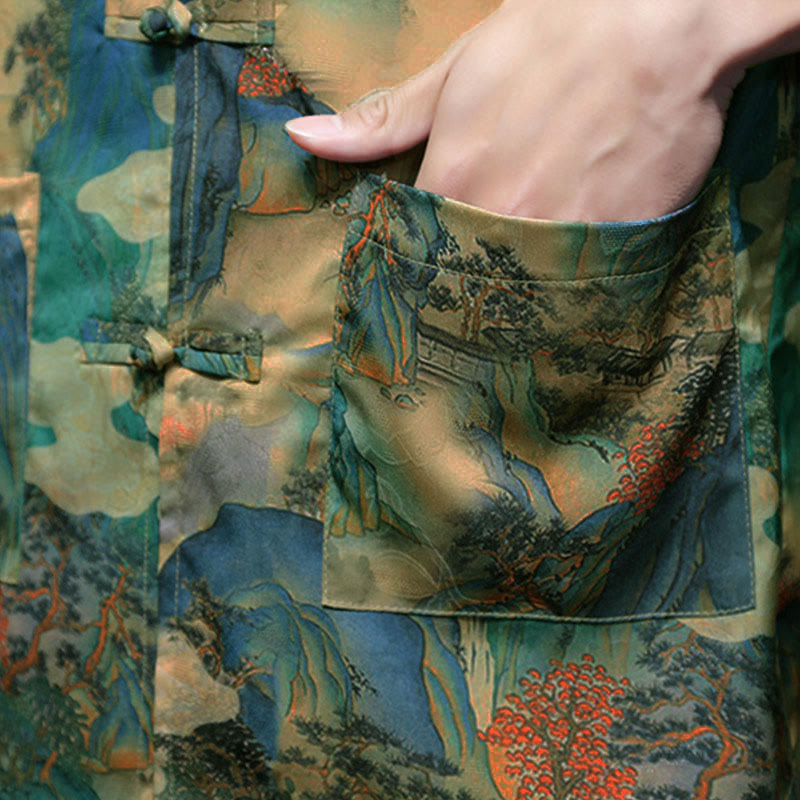 Buddha Stones Chemise homme à manches trois-quarts, manches 3/4, motif grenouille printanière et dragon, avec poches - image 48