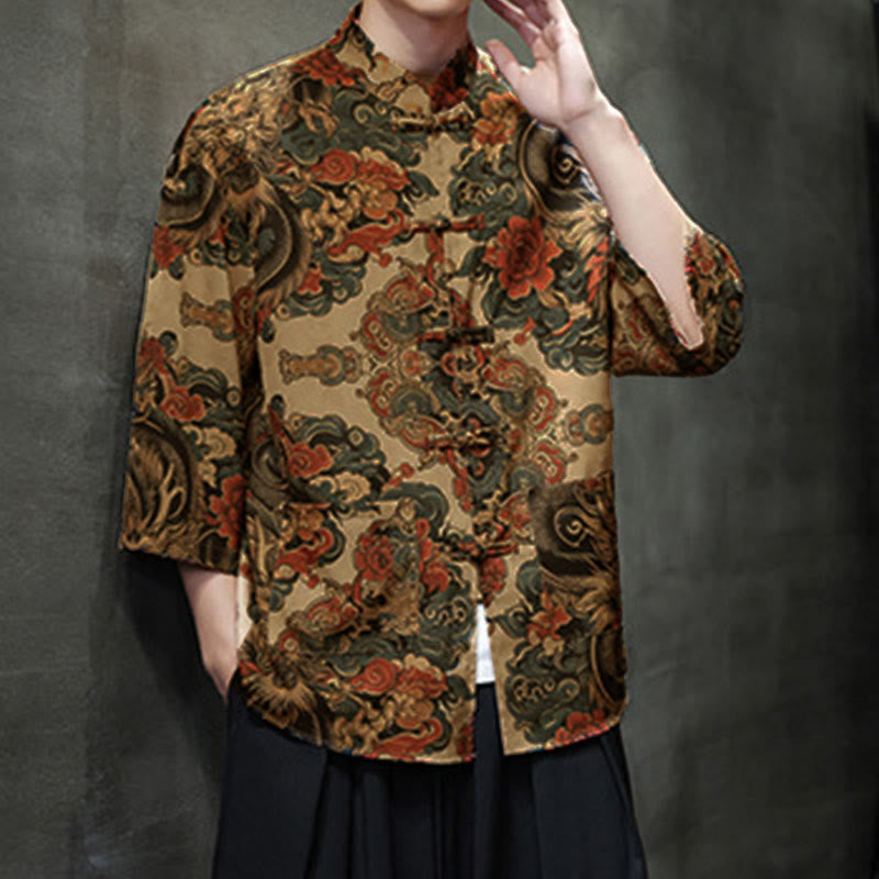 Buddha Stones Chemise homme à manches trois-quarts, manches 3/4, motif grenouille printanière et dragon, avec poches - image 17