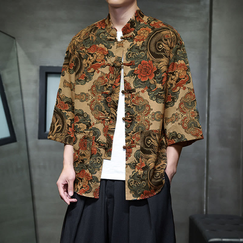 Buddha Stones Chemise homme à manches trois-quarts, manches 3/4, motif grenouille printanière et dragon, avec poches - image 11