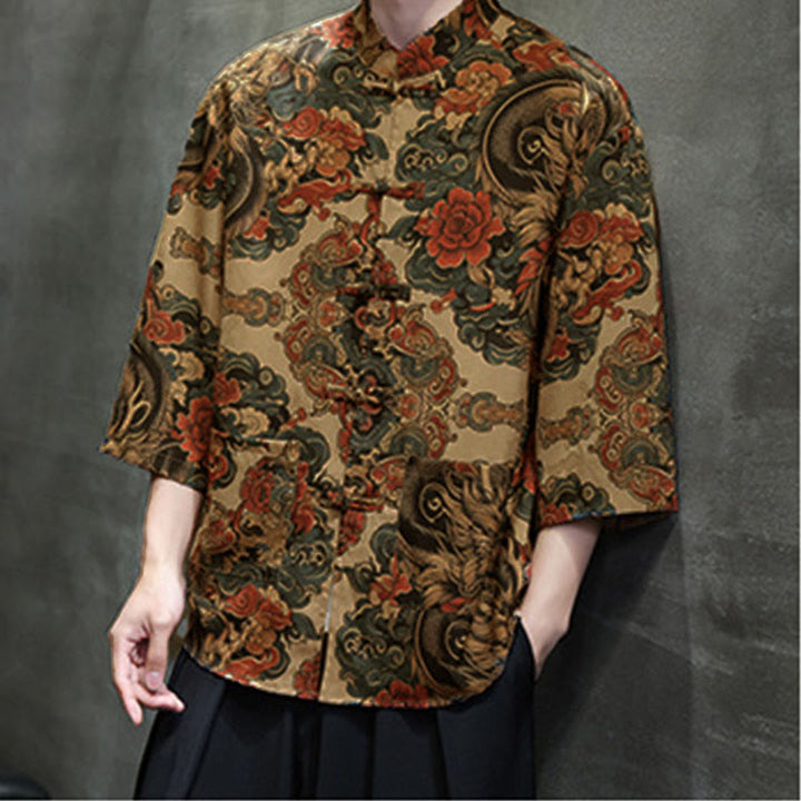 Buddha Stones Chemise homme à manches trois-quarts, manches 3/4, motif grenouille printanière et dragon, avec poches - image 15