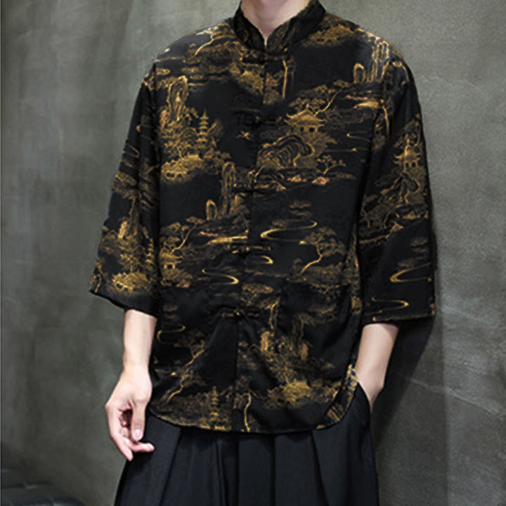 Buddha Stones Chemise homme à manches trois-quarts, manches 3/4, motif grenouille printanière et dragon, avec poches - image 36