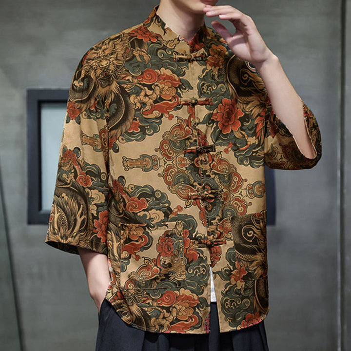 Buddha Stones Chemise homme à manches trois-quarts, manches 3/4, motif grenouille printanière et dragon, avec poches - image 12