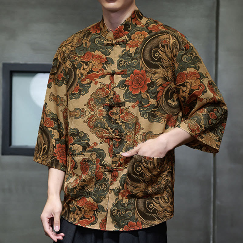 Buddha Stones Chemise homme à manches trois-quarts, manches 3/4, motif grenouille printanière et dragon, avec poches - image 14
