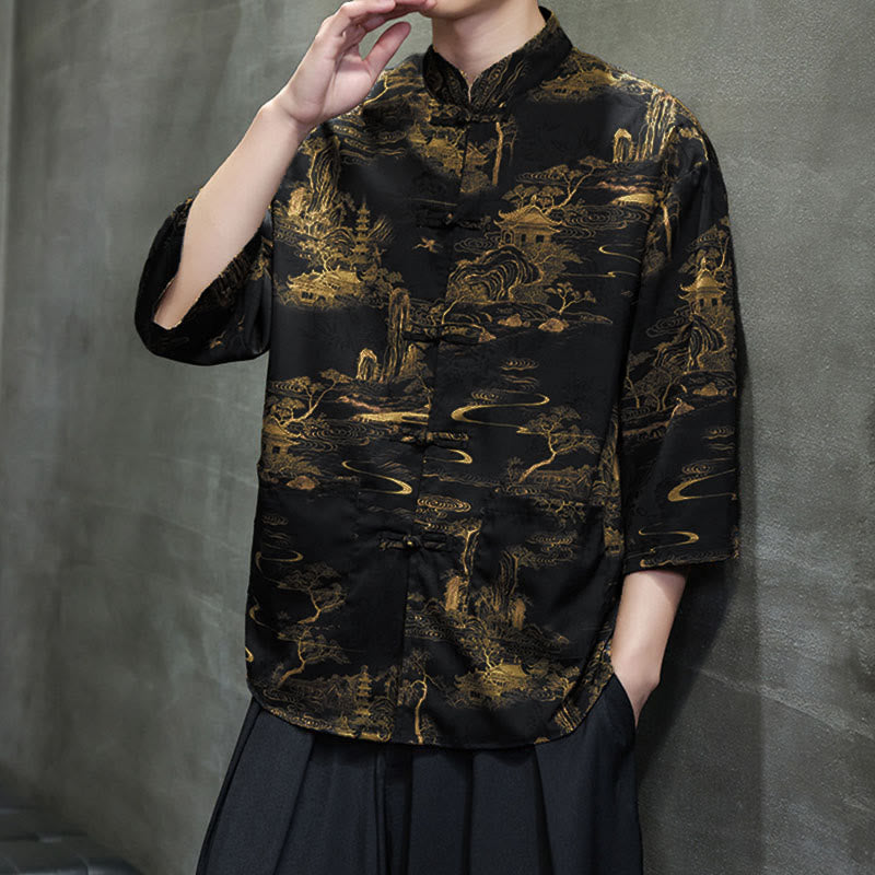 Buddha Stones Chemise homme à manches trois-quarts, manches 3/4, motif grenouille printanière et dragon, avec poches - image 33