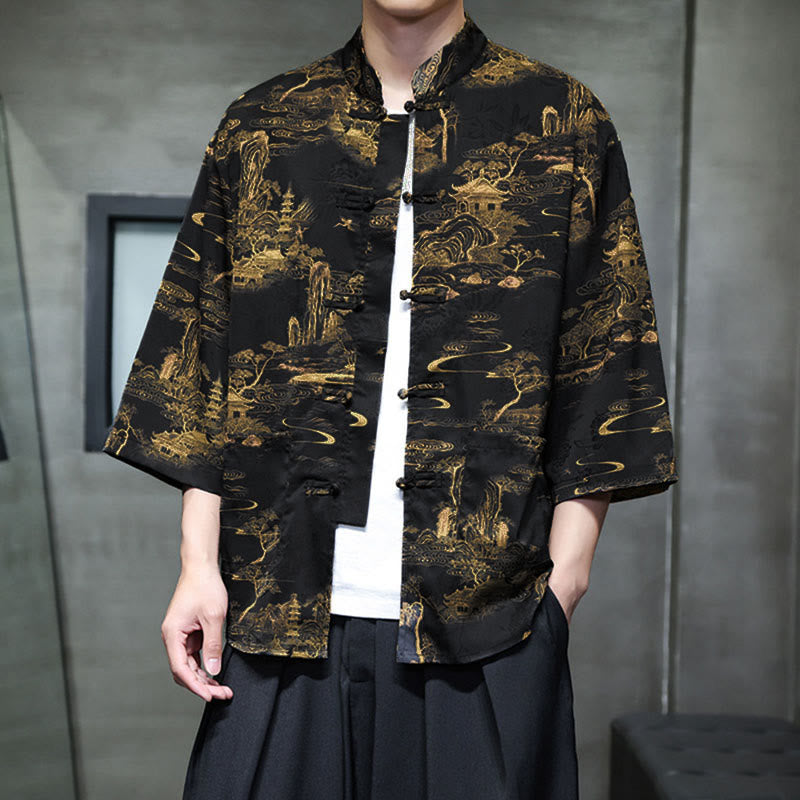 Buddha Stones Chemise homme à manches trois-quarts, manches 3/4, motif grenouille printanière et dragon, avec poches - image 34