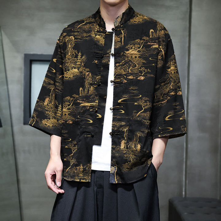 Buddha Stones Chemise homme à manches trois-quarts, manches 3/4, motif grenouille printanière et dragon, avec poches - image 34