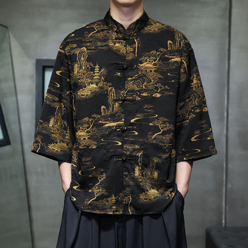 Chemise homme à manches trois-quarts, manches 3/4, avec poches, motif grenouille printanière, dragon et fleur de montagne, ornée de Buddha Stones et de boutons. - image 32