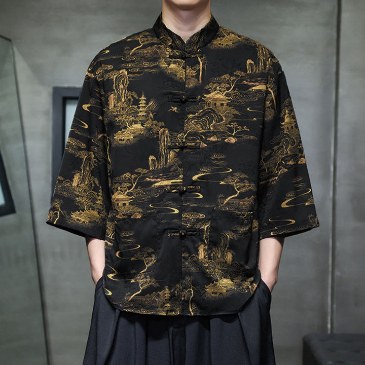 Chemise homme à manches trois-quarts, manches 3/4, avec poches, motif grenouille printanière, dragon et fleur de montagne, ornée de Buddha Stones et de boutons. - image 32