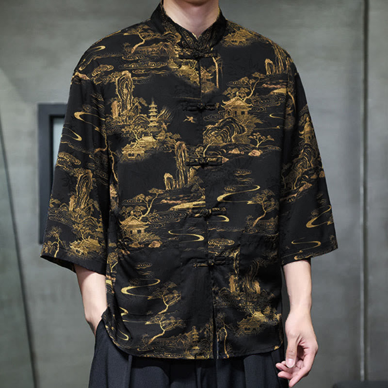 Chemise homme à manches trois-quarts, manches 3/4, avec poches, motif grenouille printanière, dragon et fleur de montagne, ornée de Buddha Stones et de boutons. - image 37