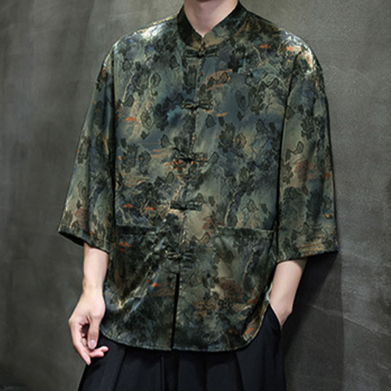 Buddha Stones Chemise homme à manches trois-quarts, manches 3/4, motif grenouille printanière et dragon, avec poches - image 57