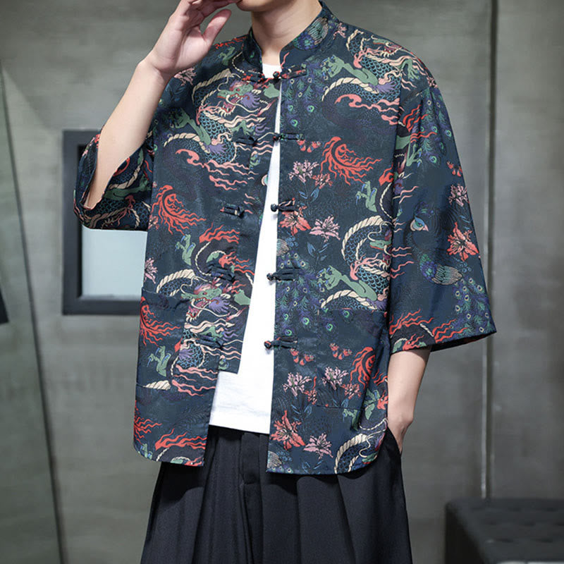 Buddha Stones Chemise homme à manches trois-quarts, manches 3/4, motif grenouille printanière et dragon, avec poches - image 20