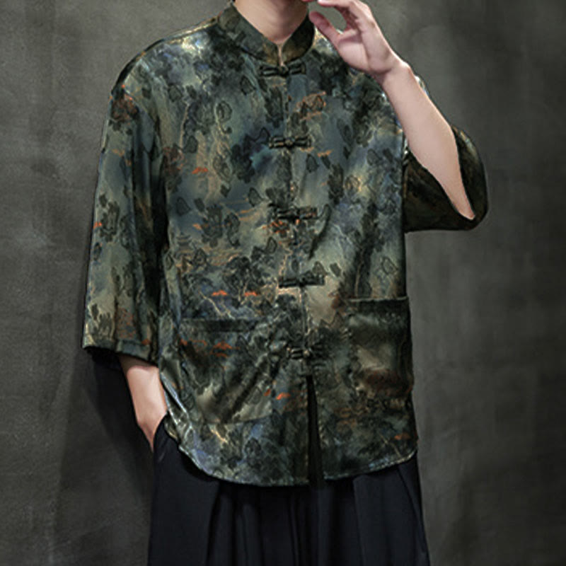 Chemise homme à manches trois-quarts, manches 3/4, avec poches, motif grenouille printanière, dragon et fleur de montagne, ornée de Buddha Stones et de boutons. - image 55