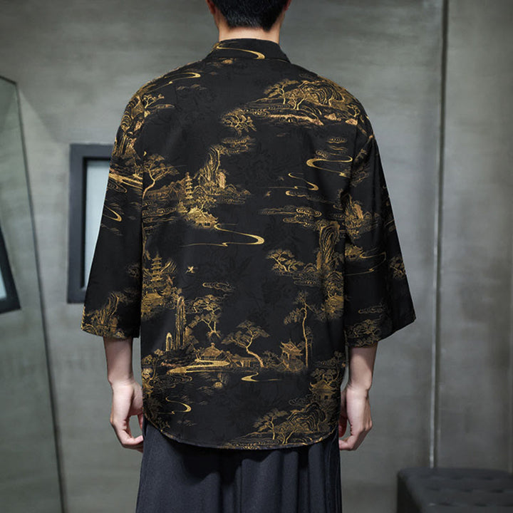 Chemise homme à manches trois-quarts, manches 3/4, avec poches, motif grenouille printanière, dragon et fleur de montagne, ornée de Buddha Stones et de boutons. - image 31