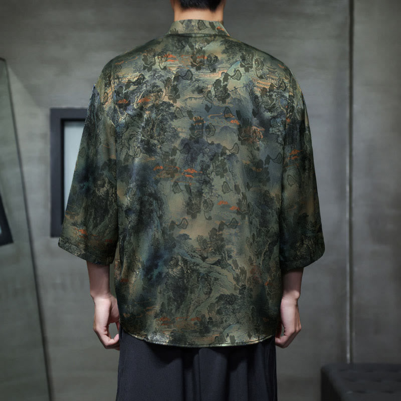 Buddha Stones Chemise homme à manches trois-quarts, manches 3/4, motif grenouille printanière et dragon, avec poches - image 52