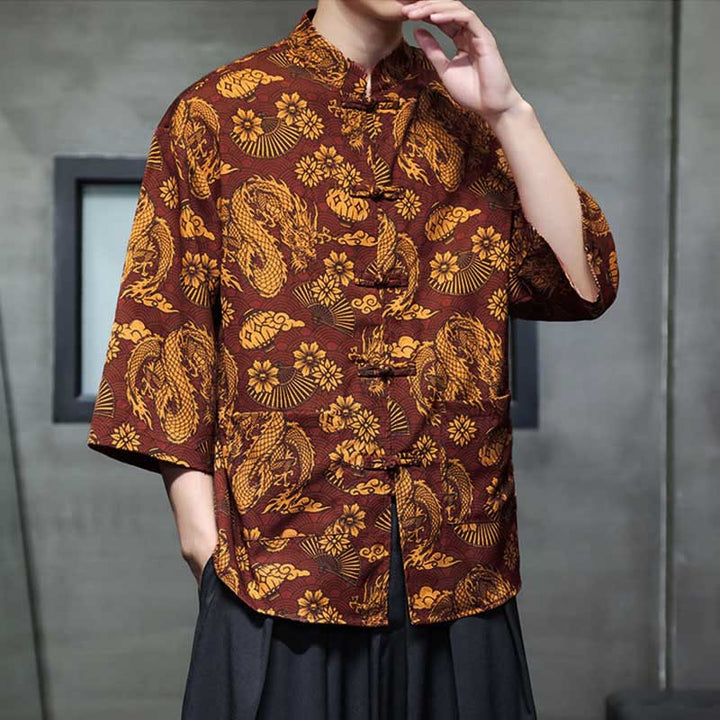 Buddha Stones Chemise homme à manches trois-quarts, manches 3/4, motif grenouille printanière et dragon, avec poches - image 1