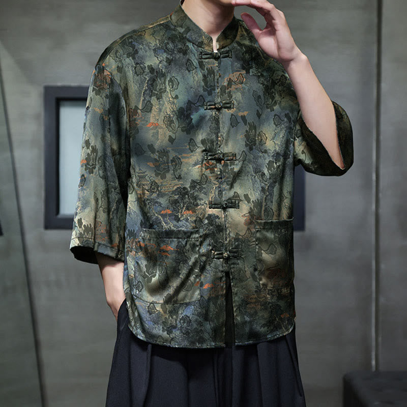 Chemise homme à manches trois-quarts, manches 3/4, avec poches, motif grenouille printanière, dragon et fleur de montagne, ornée de Buddha Stones et de boutons. - image 56