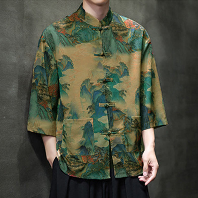 Chemise homme à manches trois-quarts, manches 3/4, avec poches, motif grenouille printanière, dragon et fleur de montagne, ornée de Buddha Stones et de boutons. - image 40