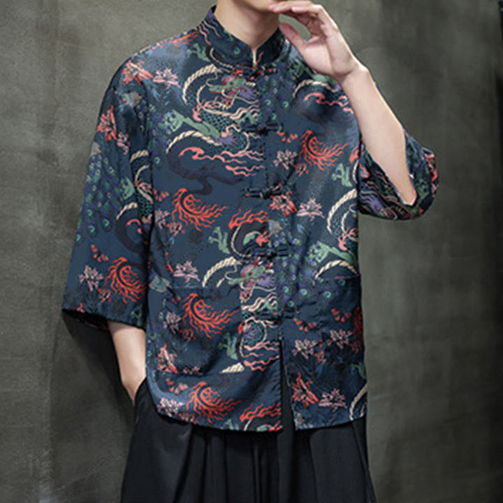 Buddha Stones Chemise homme à manches trois-quarts, manches 3/4, motif grenouille printanière et dragon, avec poches - image 24