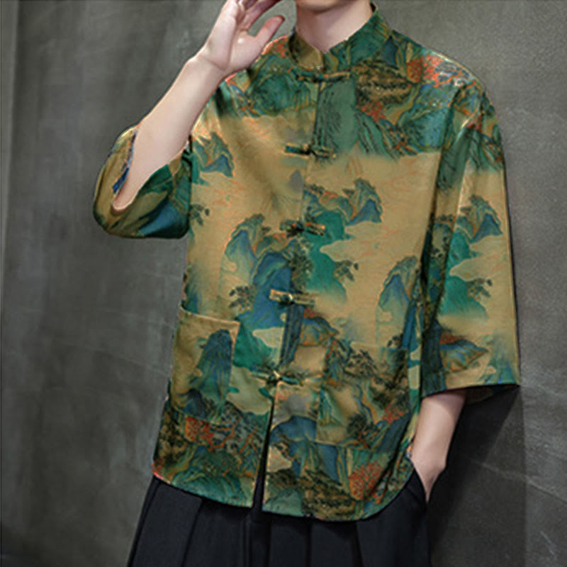 Buddha Stones Chemise homme à manches trois-quarts, manches 3/4, motif grenouille printanière et dragon, avec poches - image 42