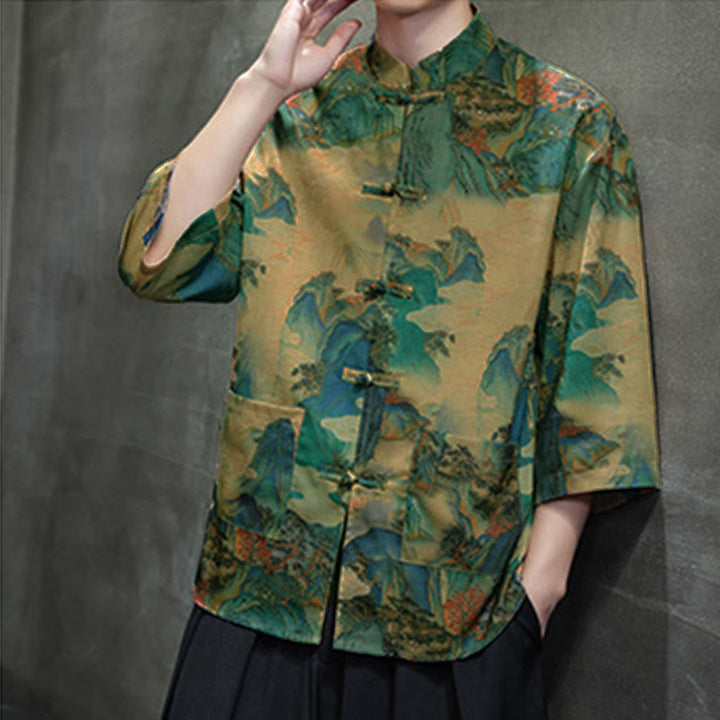 Buddha Stones Chemise homme à manches trois-quarts, manches 3/4, motif grenouille printanière et dragon, avec poches - image 42