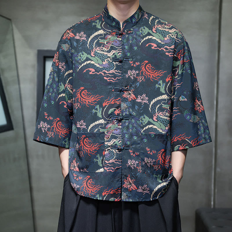 Buddha Stones Chemise homme à manches trois-quarts, manches 3/4, motif grenouille printanière et dragon, avec poches - image 26