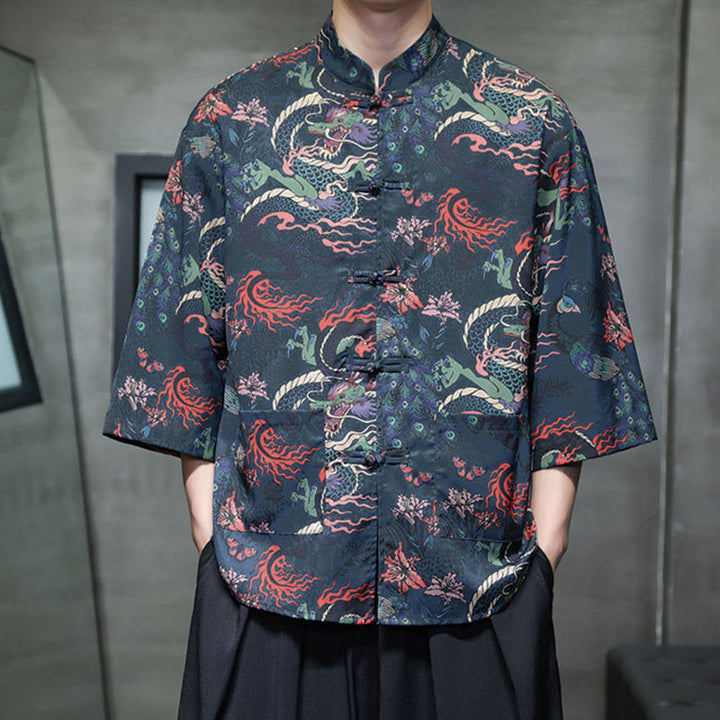 Buddha Stones Chemise homme à manches trois-quarts, manches 3/4, motif grenouille printanière et dragon, avec poches - image 26