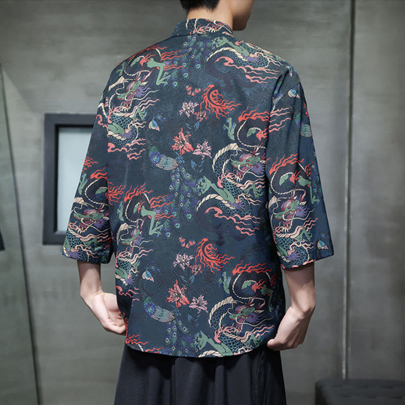 Buddha Stones Chemise homme à manches trois-quarts, manches 3/4, motif grenouille printanière et dragon, avec poches - image 23