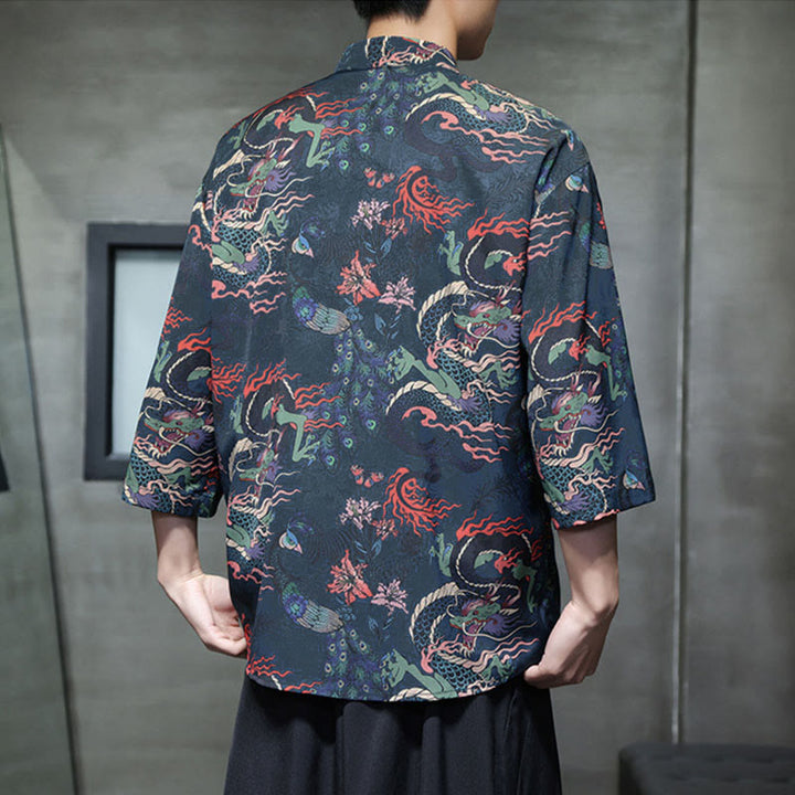 Buddha Stones Chemise homme à manches trois-quarts, manches 3/4, motif grenouille printanière et dragon, avec poches - image 23