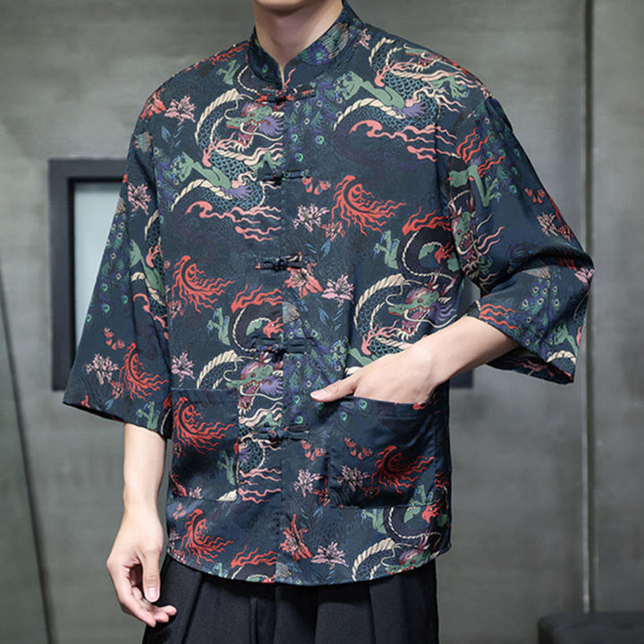 Chemise homme à manches trois-quarts, manches 3/4, avec poches, motif grenouille printanière, dragon et fleur de montagne, ornée de Buddha Stones et de boutons. - image 25