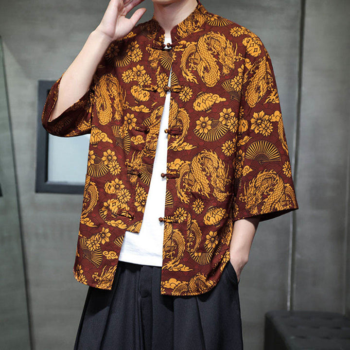 Buddha Stones Chemise homme à manches trois-quarts, manches 3/4, motif grenouille printanière et dragon, avec poches - image 3