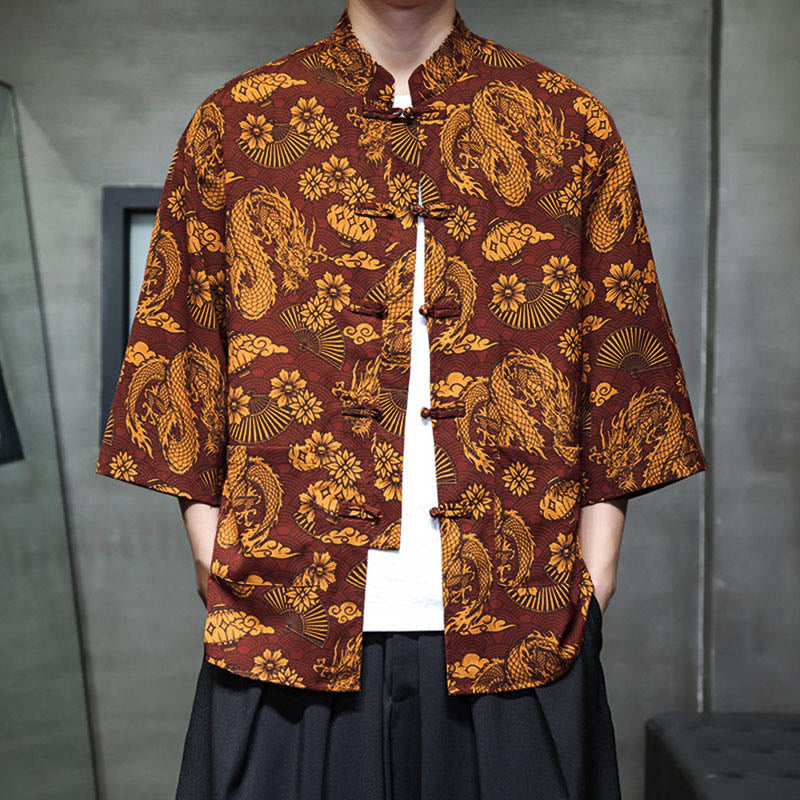 Buddha Stones Chemise homme à manches trois-quarts, manches 3/4, motif grenouille printanière et dragon, avec poches - image 9
