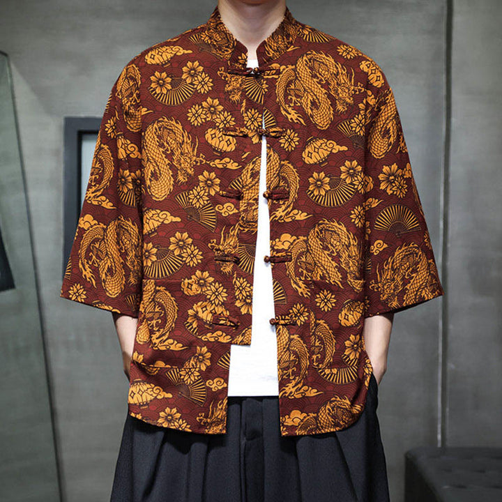 Buddha Stones Chemise homme à manches trois-quarts, manches 3/4, motif grenouille printanière et dragon, avec poches - image 9