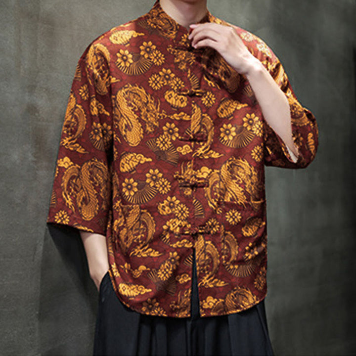 Chemise homme à manches trois-quarts, manches 3/4, avec poches, motif grenouille printanière, dragon et fleur de montagne, ornée de Buddha Stones et de boutons. - image 6