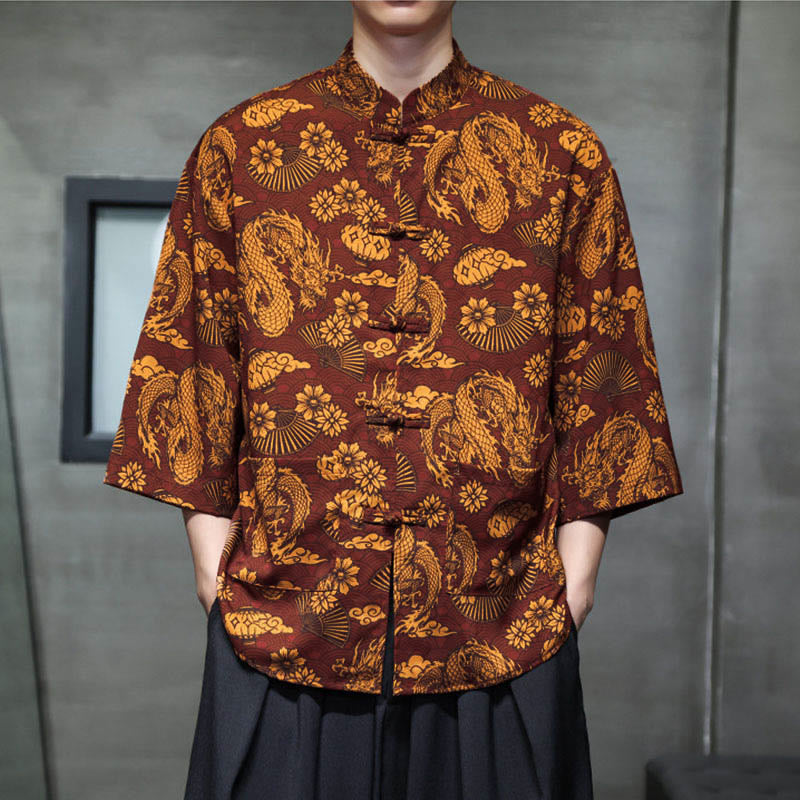 Buddha Stones Chemise homme à manches trois-quarts, manches 3/4, motif grenouille printanière et dragon, avec poches - image 5