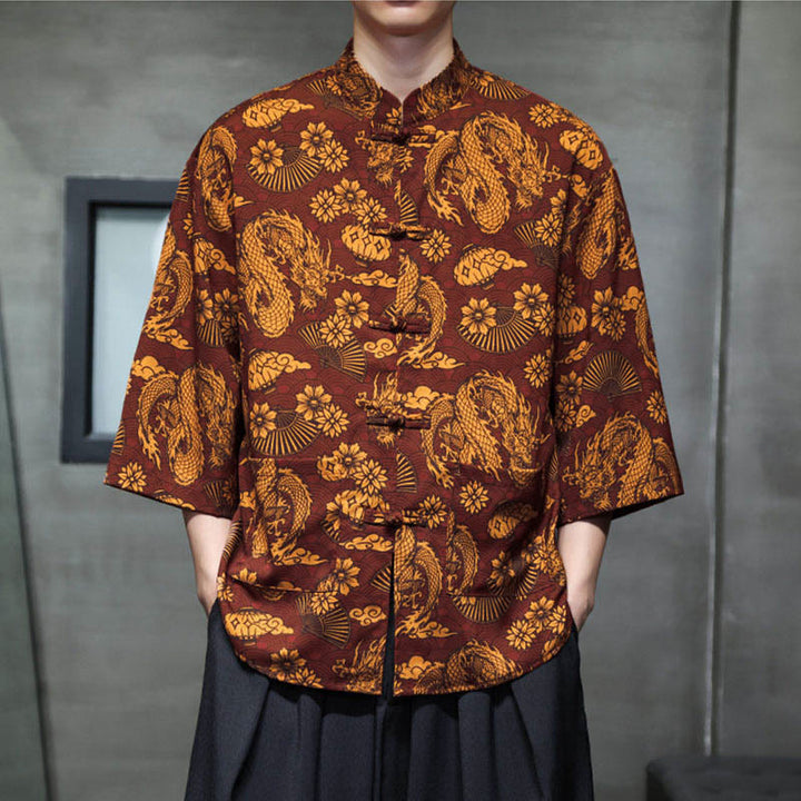 Buddha Stones Chemise homme à manches trois-quarts, manches 3/4, motif grenouille printanière et dragon, avec poches - image 5