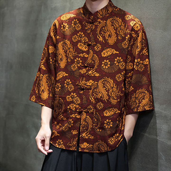 Chemise homme à manches trois-quarts, manches 3/4, avec poches, motif grenouille printanière, dragon et fleur de montagne, ornée de Buddha Stones et de boutons. - image 2