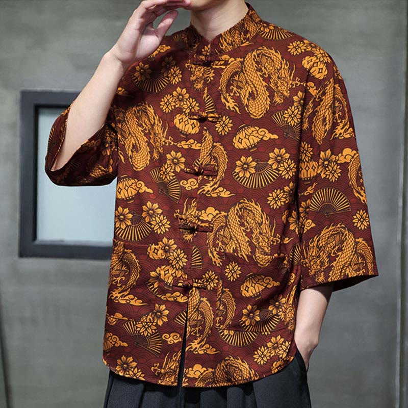 Chemise homme à manches trois-quarts, manches 3/4, avec poches, motif grenouille printanière, dragon et fleur de montagne, ornée de Buddha Stones et de boutons. - image 7
