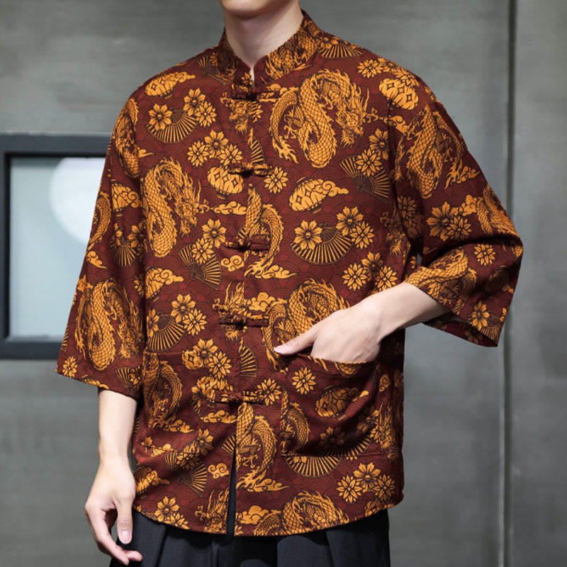 Buddha Stones Chemise homme à manches trois-quarts, manches 3/4, motif grenouille printanière et dragon, avec poches - image 8