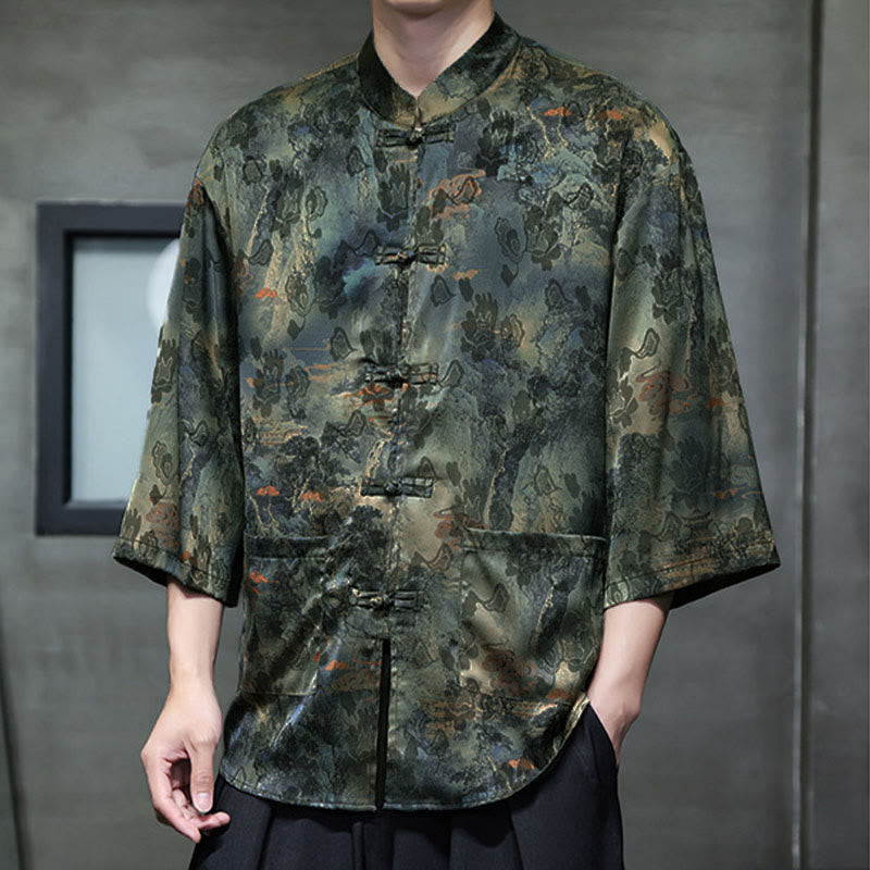 Buddha Stones Chemise homme à manches trois-quarts, manches 3/4, motif grenouille printanière et dragon, avec poches - image 51