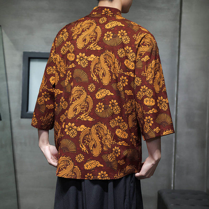 Chemise homme à manches trois-quarts, manches 3/4, avec poches, motif grenouille printanière, dragon et fleur de montagne, ornée de Buddha Stones et de boutons. - image 4