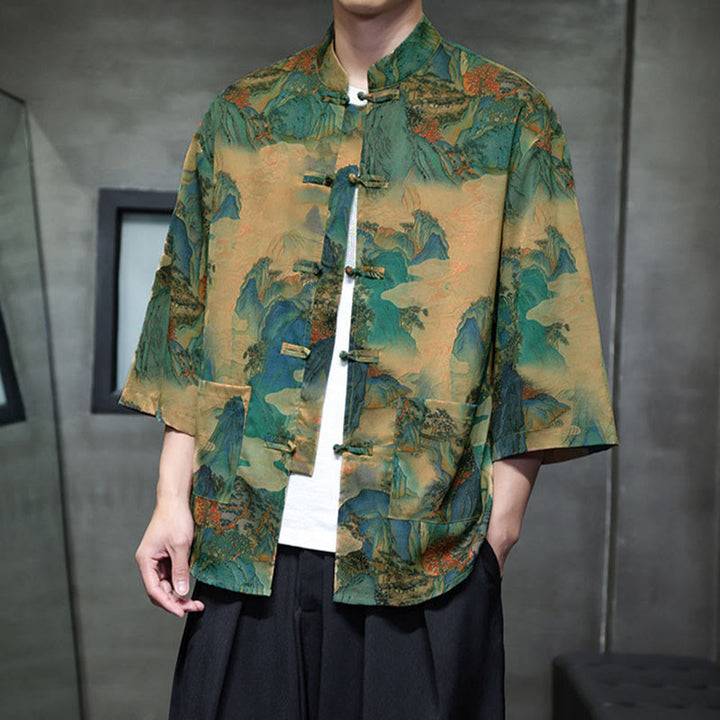Chemise homme à manches trois-quarts, manches 3/4, avec poches, motif grenouille printanière, dragon et fleur de montagne, ornée de Buddha Stones et de boutons. - image 41