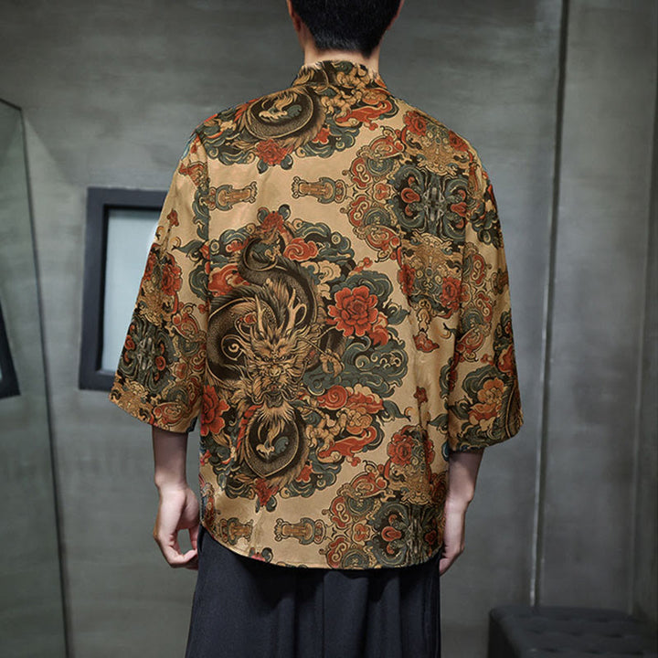 Chemise homme à manches trois-quarts, manches 3/4, avec poches, motif grenouille printanière, dragon et fleur de montagne, ornée de Buddha Stones et de boutons. - image 13