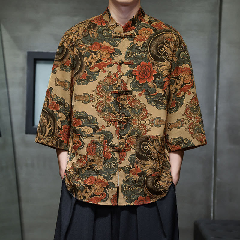 Chemise homme à manches trois-quarts, manches 3/4, avec poches, motif grenouille printanière, dragon et fleur de montagne, ornée de Buddha Stones et de boutons. - image 16