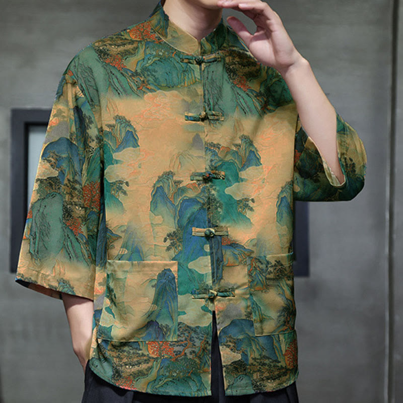 Buddha Stones Chemise homme à manches trois-quarts, manches 3/4, motif grenouille printanière et dragon, avec poches - image 43